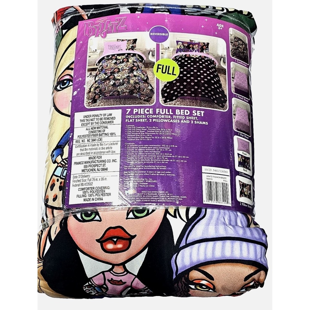 Bratz Full 7 Piece Bed Set Comforter + Sheets + Pillows + 2 Shams Reversible